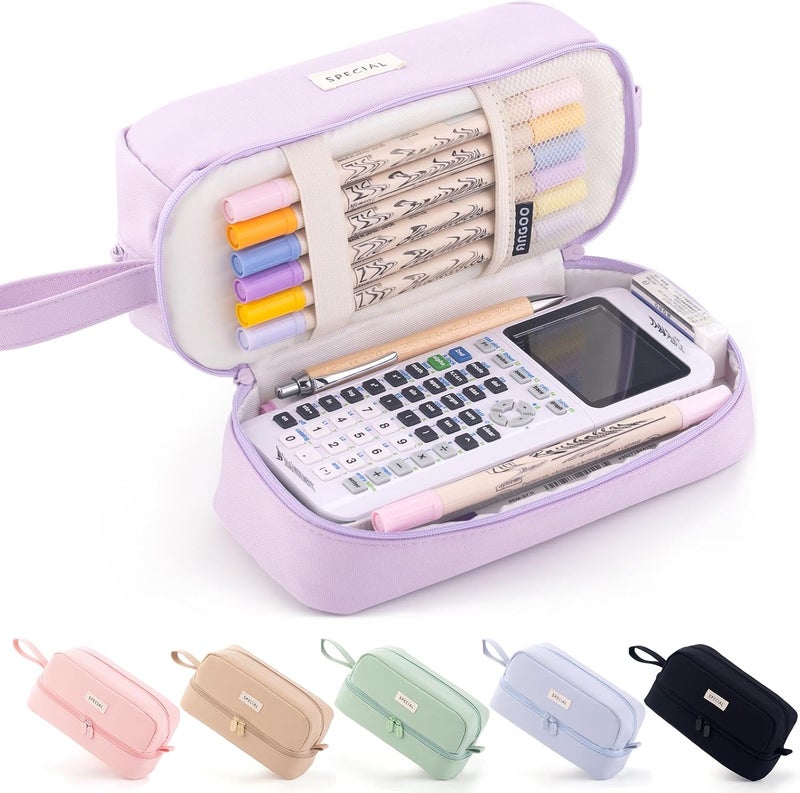 ANGOOBABY Big Capacity Large Pencil Case Canvas Pen Pouch Bag with 2 Compartments for Girls Boys Teen School Students Adults - Purple - Image 1